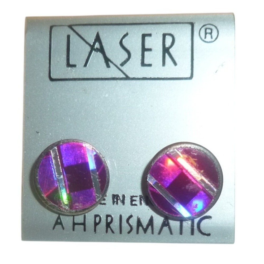 Vintage Laser Prismatic Holographic Stud Earrings Purple Iridescent Made England